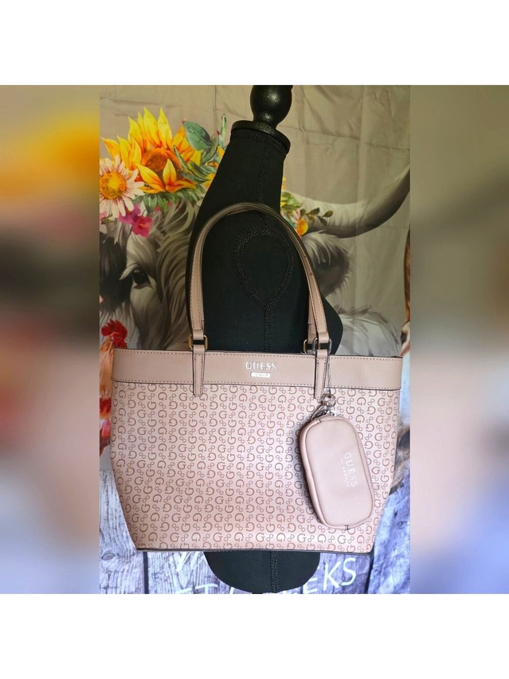 Guess Light Pink Monogram Tote with Pouch
